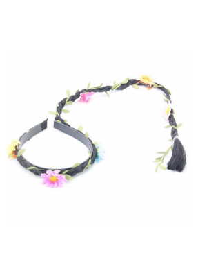 HAARBAND BLOEMEN MET LANGE VLECHT ZWART